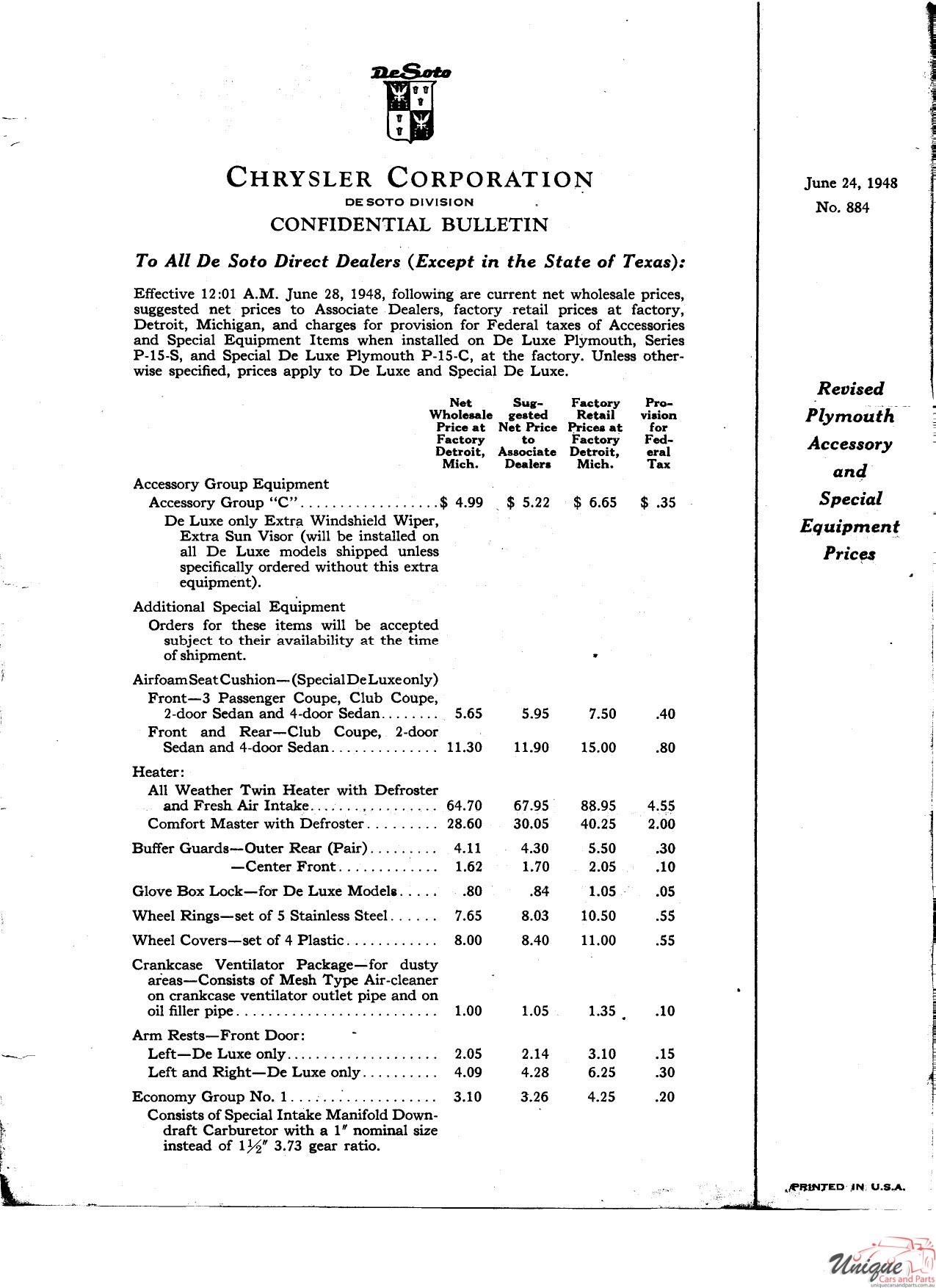 1948 Plymouth Revised Accessory Price List